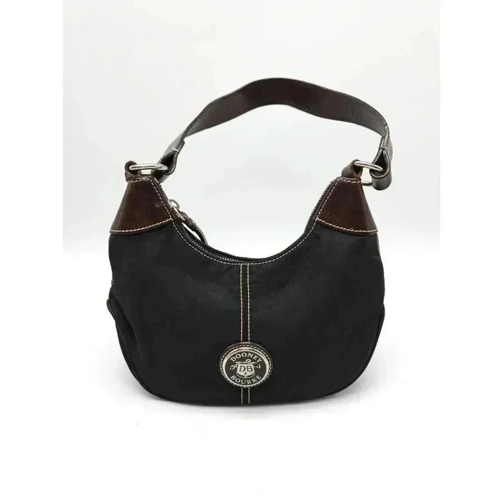 Dooney Bourke Vintage Black Nylon Brown Leather Strap Small Hobo WAYFARER